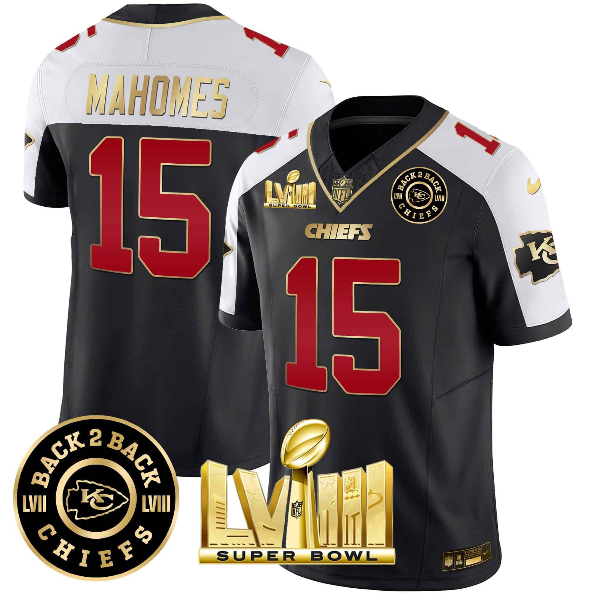 Men Kansas City Chiefs #15 Mahomes Black 2024 Nike Super Bowl LVIII & Back-2-Back Patch Vapor NFL Jersey